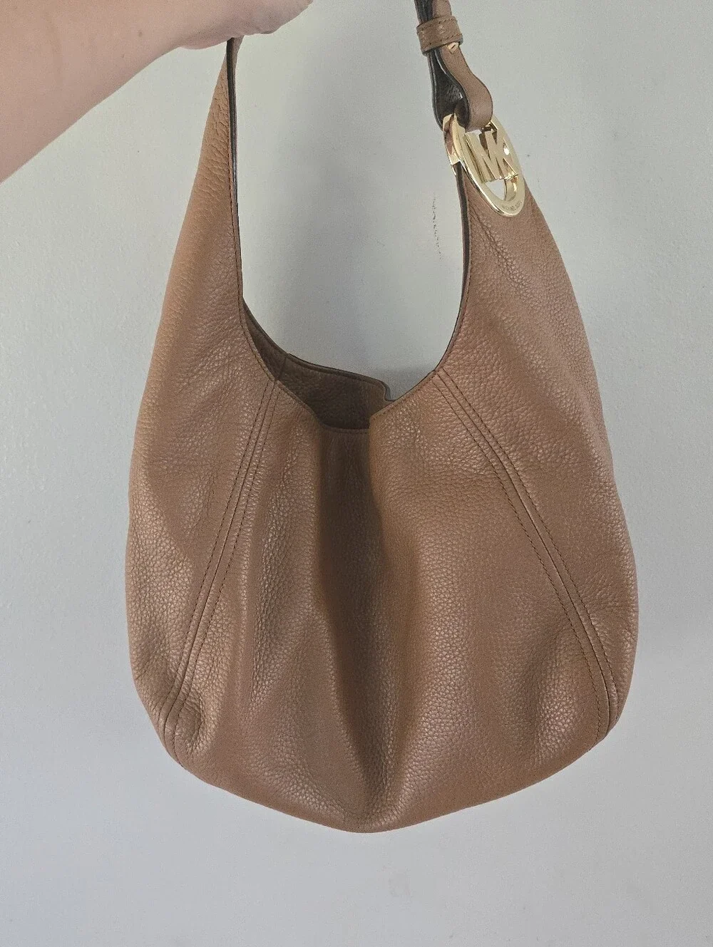 Michael Kors Tan Pebbled Leather Hobo with Gold Logo Charm